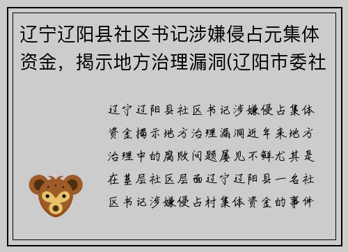 辽宁辽阳县社区书记涉嫌侵占元集体资金，揭示地方治理漏洞(辽阳市委社区)