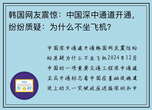 韩国网友震惊：中国深中通道开通，纷纷质疑：为什么不坐飞机？